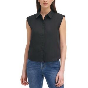 Calvin Klein Black Button Down Shirt Size M Sleeveless Padded Shoulder Casual